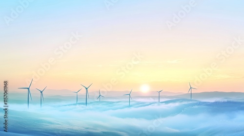 Wind turbines at sunrise in a serene landscape. photo