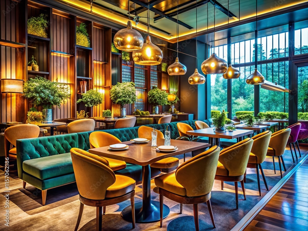 Obraz premium Stylish Restaurant Interior: Modern Tables & Chairs, Chic Dining Setting