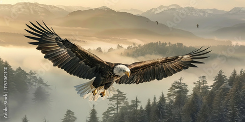 Bald Eagle in Flight over Misty Mountain Forest