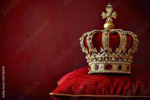Fantastic beautiful king or queen crown from vivid gold material for coronation, abstract vivid composition consists of fictional unreal fantastic vision on background