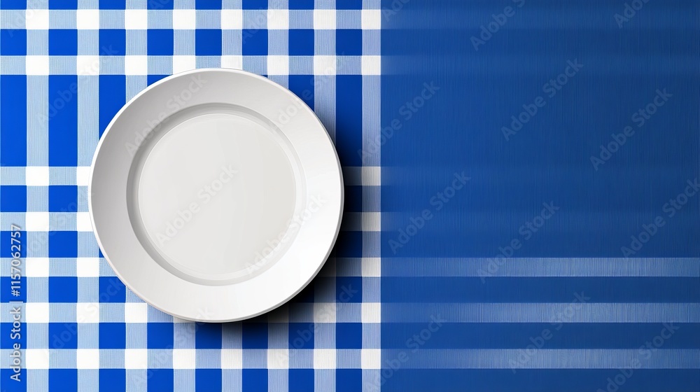 Vector illustration of a white empty plate placed on a blue checkered tablecloth Vector illustration of a white empty plate placed on a blue checkered tablecloth