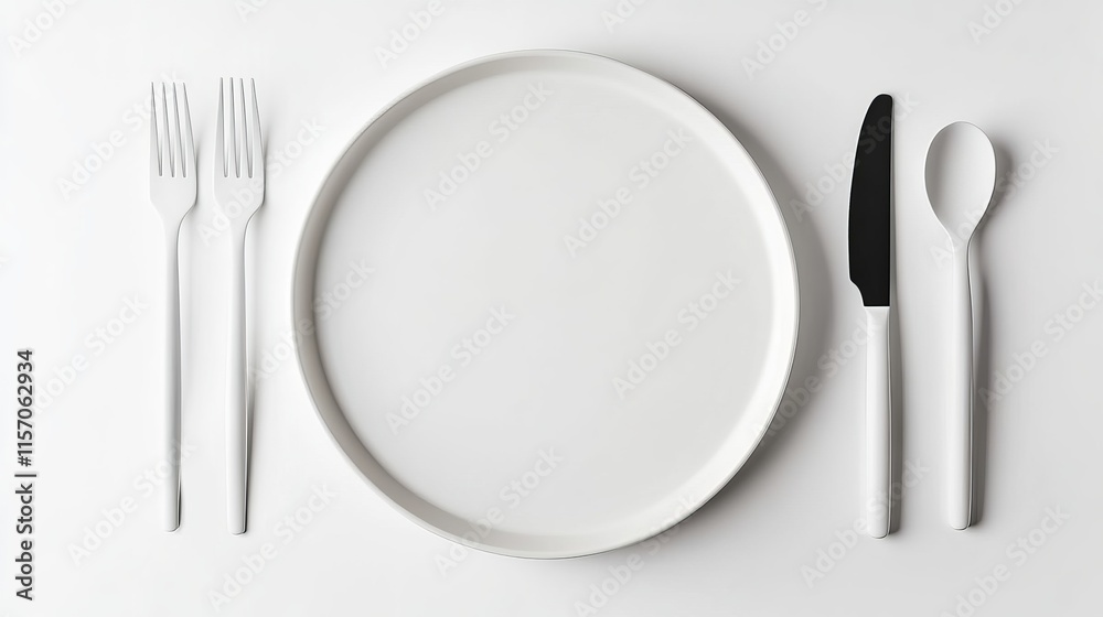 White dinner plate with fork and knife top view Empty ceramic plate and cutlery set isolated on a white background White dinner plate with fork and knife top view Empty ceramic plate and cutlery set isolated on a white background
