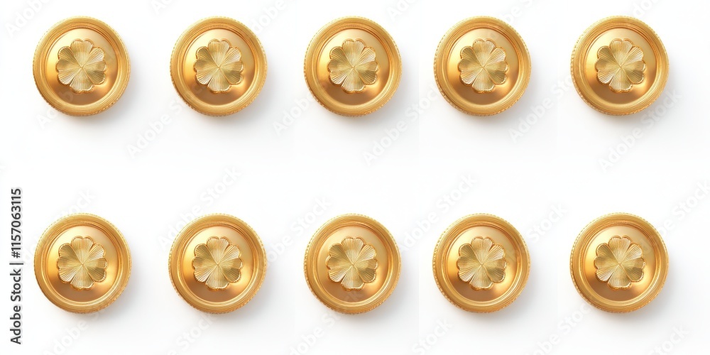 Repeating Pattern of Golden Buttons with a Floral Design on a White Background, Ideal for Textiles or Fashion Industry Applications Repeating Pattern of Golden Buttons with a Floral Design on a White Background, Ideal for Textiles or Fashion Industry Applications