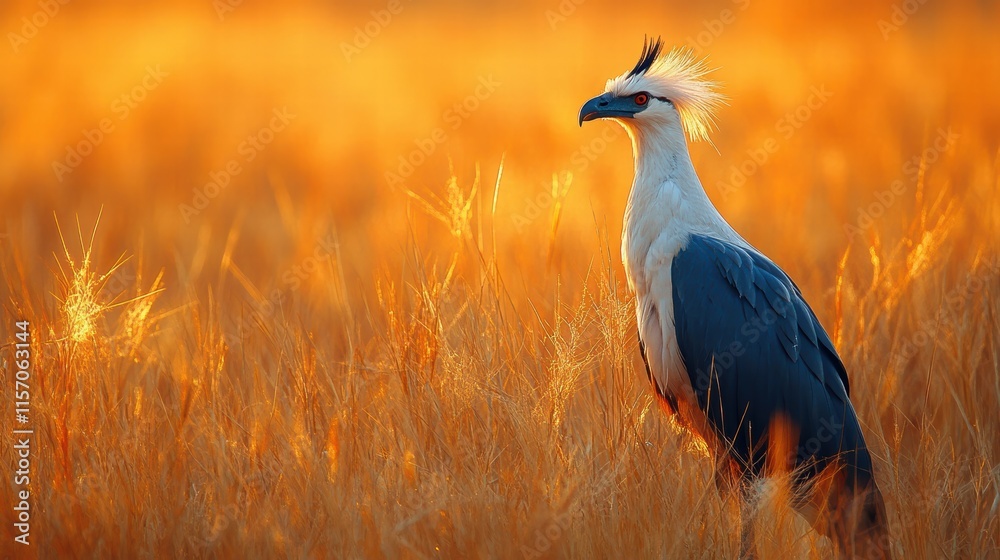 Obraz premium Secretary bird standing in tall golden grass at sunset