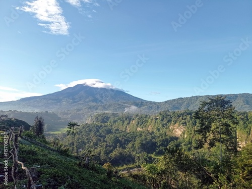 A breathtaking view of a lush mountain valley bathed in the soft morning sunlight. The towering mountain stands majestically, its peak lightly crowned with clouds, while the green expanse below glows photo