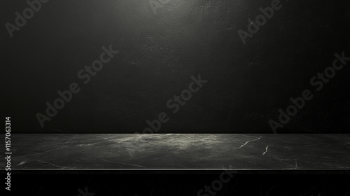 Black background, stone table top with a beam of light shining down on it, minimalist style, product display platform, empty space, black and gray tones, high contrast, high saturation, sharp details