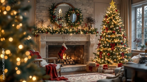 cozy Christmas setting with a decorated Christmas tree, a fireplace, and a wreath on the wall. The scene is illuminated by warm lighting, creating a festive and inviting atmosphere.