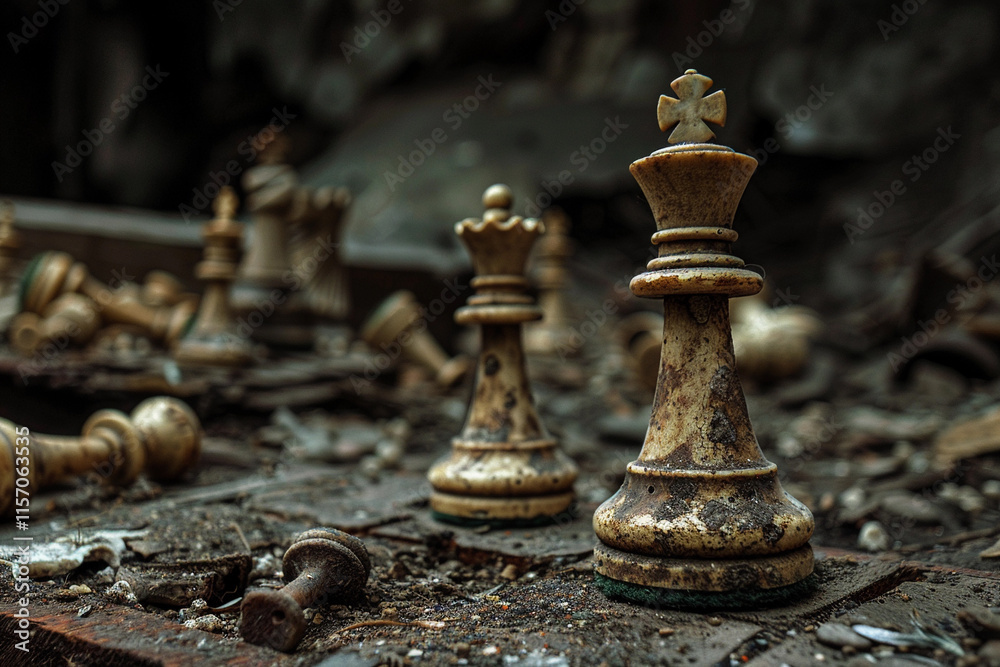 Chess piece standing on checkered game board during strategic game of chess, abstract vivid composition consists of fictional unreal fantastic vision on background Chess piece standing on checkered game board during strategic game of chess, abstract vivid composition consists of fictional unreal fantastic vision on background