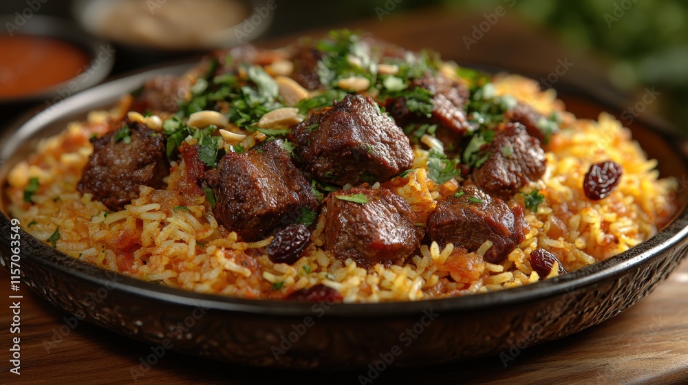 Lamb and rice dish with raisins and almonds. Lamb and rice dish with raisins and almonds.