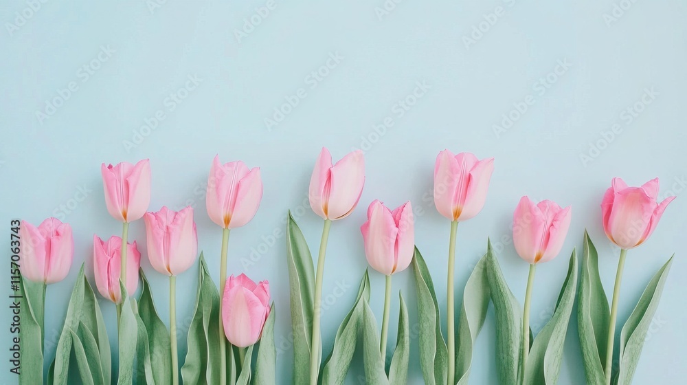 Fototapeta premium Elegant Minimalistic Flat Lay of Pink Tulips on Soft Pastel Background with Ample Copy Space for Text and Design, Perfect for Spring and Floral Themes, Stock Photography