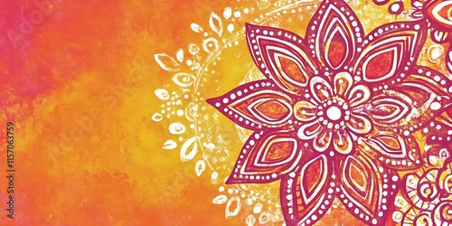 Vibrant orange and red floral mandala design on watercolor background.