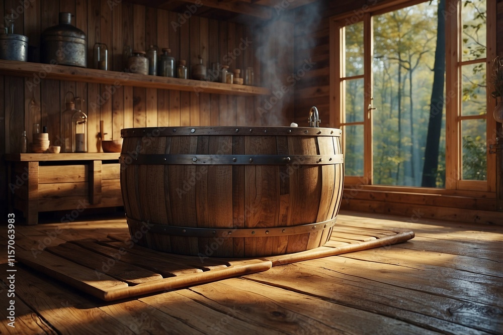 Wooden Bath Barrel Standing on a Cozy Wooden Floor Next to a Fireplace Wooden Bath Barrel Standing on a Cozy Wooden Floor Next to a Fireplace
