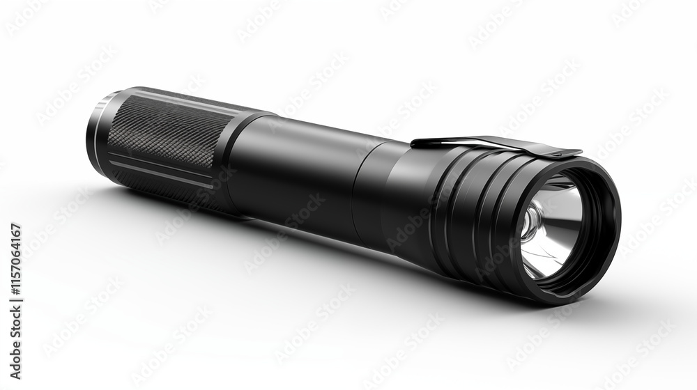 Compact Black Flashlight with Sleek Design on Clean White Surface Compact Black Flashlight with Sleek Design on Clean White Surface