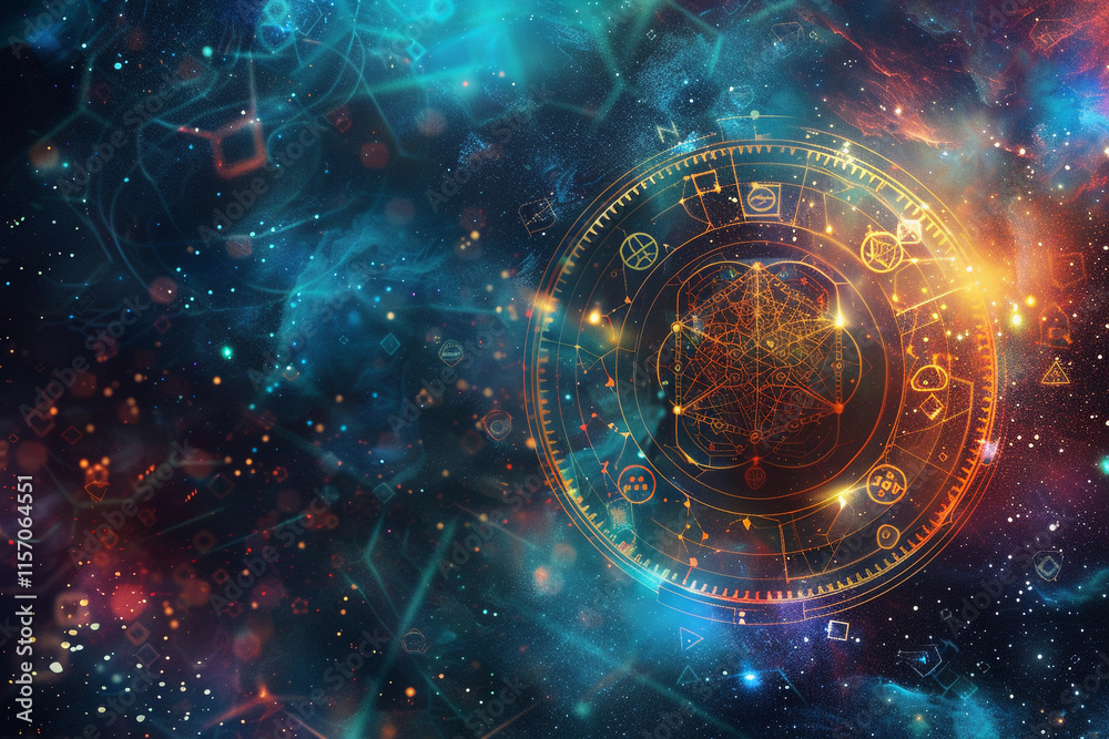 Obraz premium Astrological abstract composition with zodiac circle in signs and symbols, abstract vivid composition consists of fictional unreal fantastic vision on background