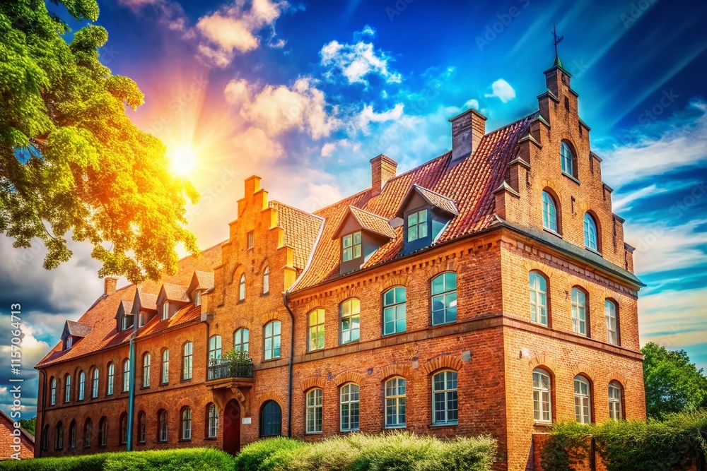Obraz premium Sunny Day in Ystad, Sweden: Ancient Red Brick Building with Bokeh