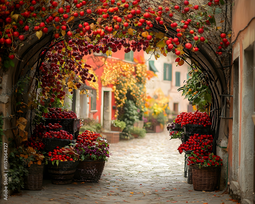 Naklejka premium Charming autumnal alleyway scene with vibrant red berries displayed in baskets under an archway adorned with autumn foliage, creating a picturesque and inviting atmosphere.