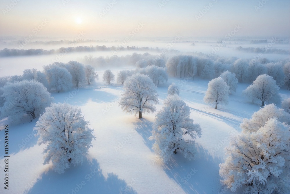 Group of Snow-Covered Trees in the Middle of a White Snowy Field