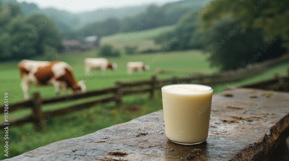 Glass of milk on a fence with cows in the background. Glass of milk on a fence with cows in the background.