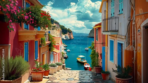 Street in a warm European country on a mountainous terrain, colorful houses, marina with boats and yachts, mountains in the background