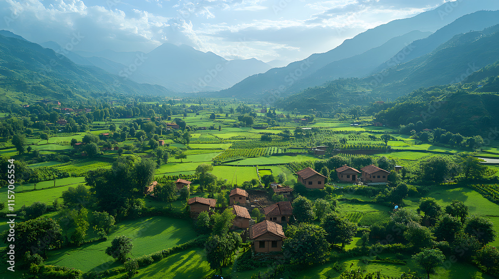 Fototapeta premium An incredible aerial view of a rural village nestled in a valley, surrounded by towering hills and fields in various stages of cultivation.