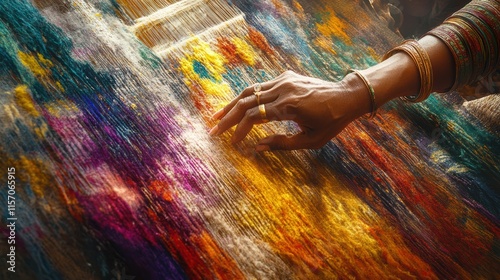 Indian artisan weaving colorful fabric on traditional handloom