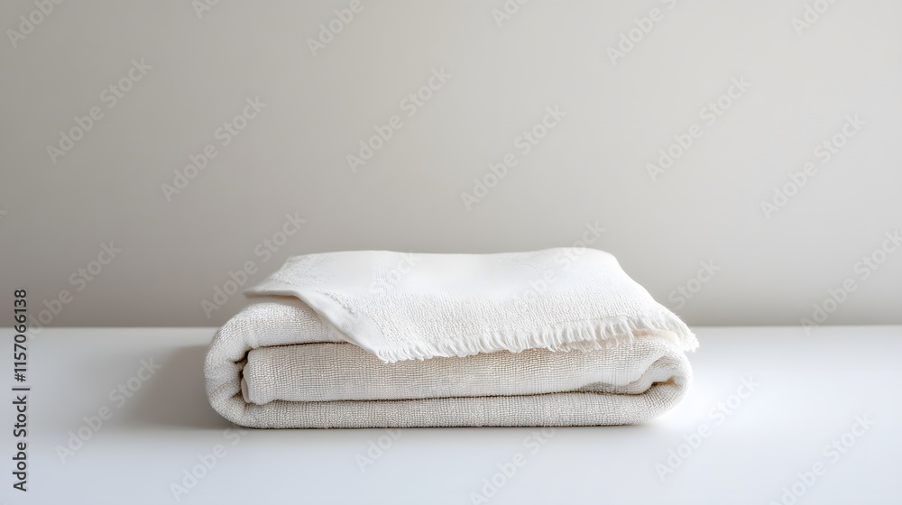 Neatly folded beige blanket on a white table minimalist interior textile photography calm environment top view home decor Neatly folded beige blanket on a white table minimalist interior textile photography calm environment top view home decor