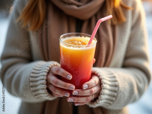 Enjoying a refreshing beverage in winter while wrapped in a cozy sweater at a scenic outdoor location during a sunny afternoon