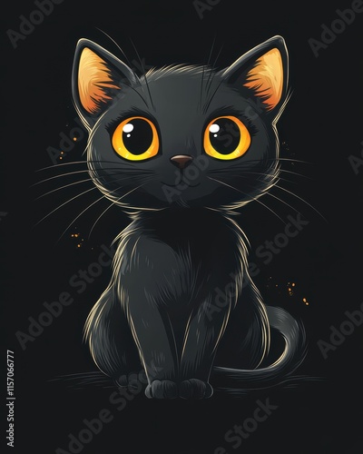Cute black cat with big yellow eyes sitting in the dark