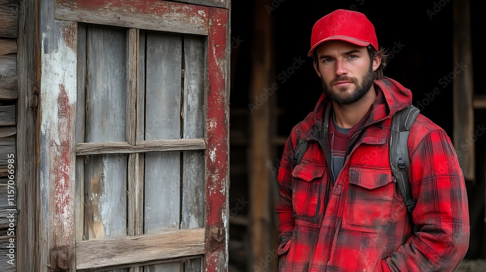 Man in Red Flannel Stands by Old Wooden Door Man in Red Flannel Stands by Old Wooden Door