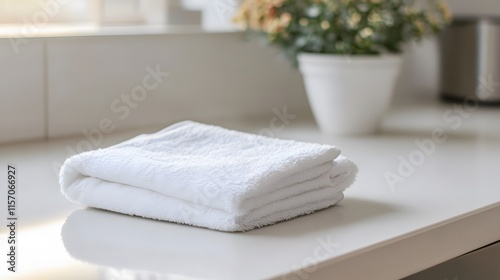 Folding towels in a bright kitchen interior decor minimalistic space tranquil environment close-up view