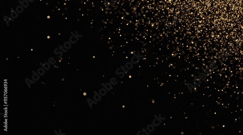 Golden bokeh lights on a black background. Abstract shimmering particles in a dark atmosphere. Copy space