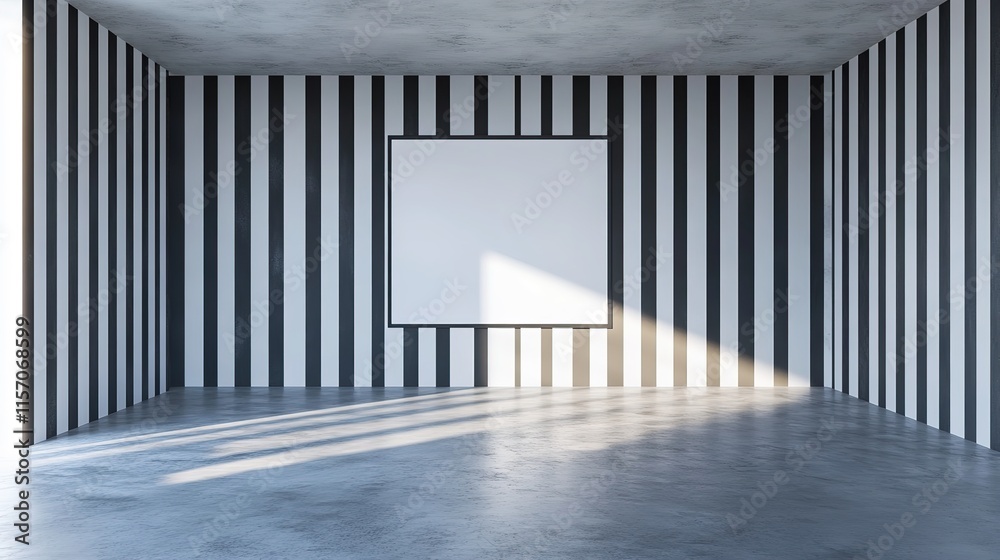 Fototapeta premium Modern interior with blank white poster on a striped wall, concrete floor, and soft lighting in a spacious room. 3D Rendering , 8k Resolution