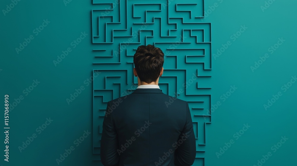 A man in a suit stands before a teal wall featuring a maze design, symbolizing challenges and problem-solving. A man in a suit stands before a teal wall featuring a maze design, symbolizing challenges and problem-solving.