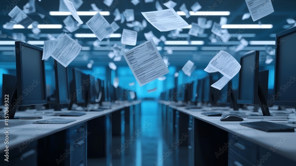 Obraz premium A dynamic office scene with floating papers amidst rows of computers, illustrating a modern workspace and the chaos of digital documentation.