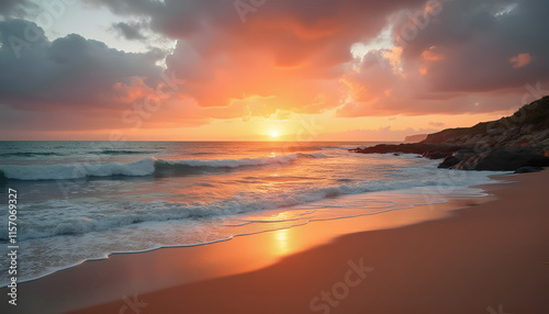A beach with ocean waves and a sunset.