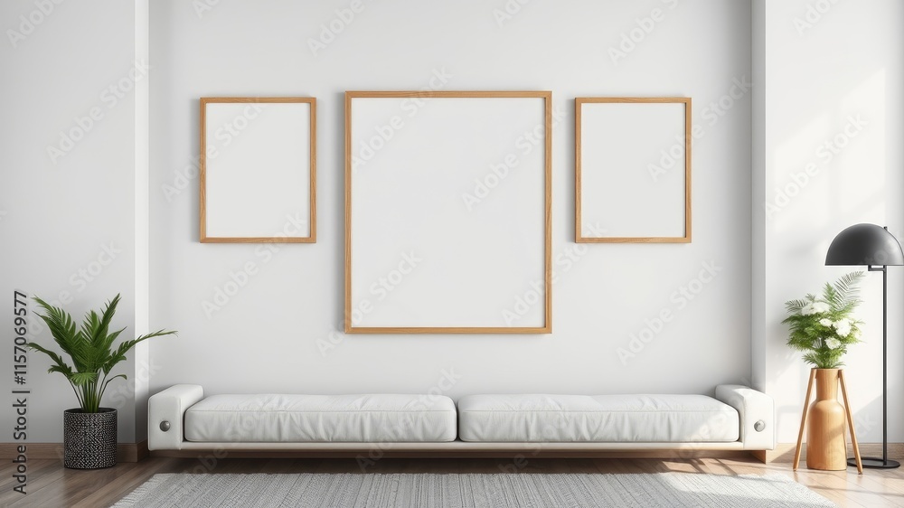 Naklejka premium Modern minimalist living room interior design with three blank frames above a white sofa and potted plants