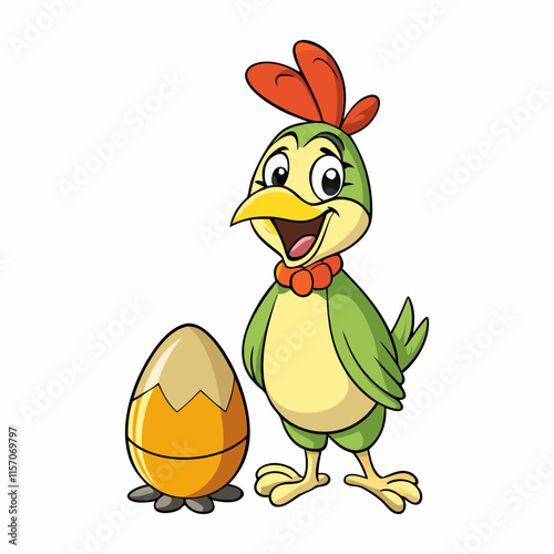 A playful cartoon quail wearing a yellow bonnet  standing next to an egg vector art illustration