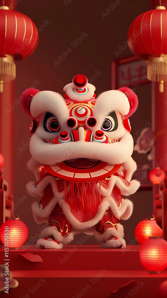 Adorable 3D rendered red lion dance costume. Adorable 3D rendered red lion dance costume.