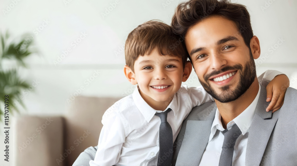 smiling man and boy pose together, showcasing joyful bond in bright, modern setting. Their matching outfits and warm expressions highlight loving relationship smiling man and boy pose together, showcasing joyful bond in bright, modern setting. Their matching outfits and warm expressions highlight loving relationship