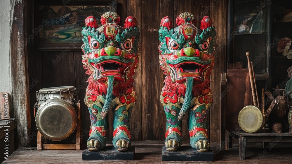 Fototapeta premium Vibrant Chinese Guardian Lions in Traditional Indoor Setting