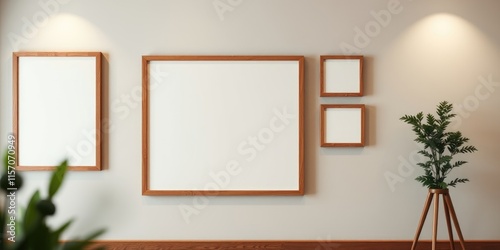 Modern minimalist interior design with empty wooden frames and a plant