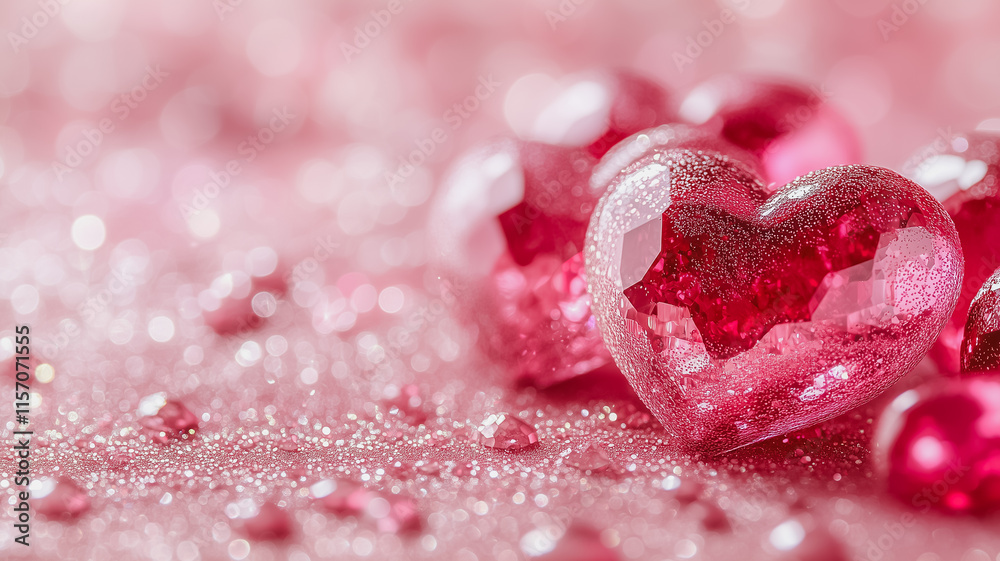 Fototapeta premium Red faceted glass heart on a pink glittery background