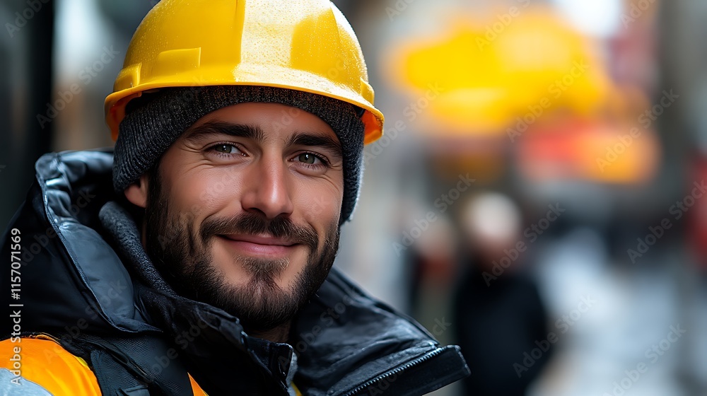 A Smiling Construction Worker Wearing A Yellow Hard Hat A Smiling Construction Worker Wearing A Yellow Hard Hat