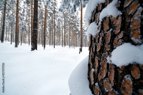 This peaceful winter scene features tall pine trees surrounded by fresh snow, inviting a sense of calm and connection to nature in the crisp winter air. photo