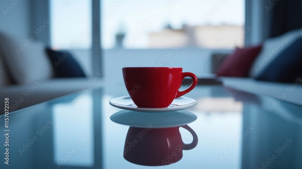Bright Red Coffee Cup on Reflective Glass Table in Cozy Living Room Bright Red Coffee Cup on Reflective Glass Table in Cozy Living Room