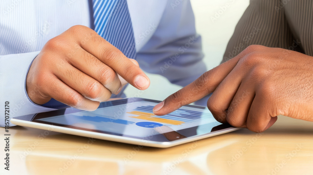 Close up of financial advisors hands pointing at tablet displaying charts and data, emphasizing collaboration and analysis in professional setting