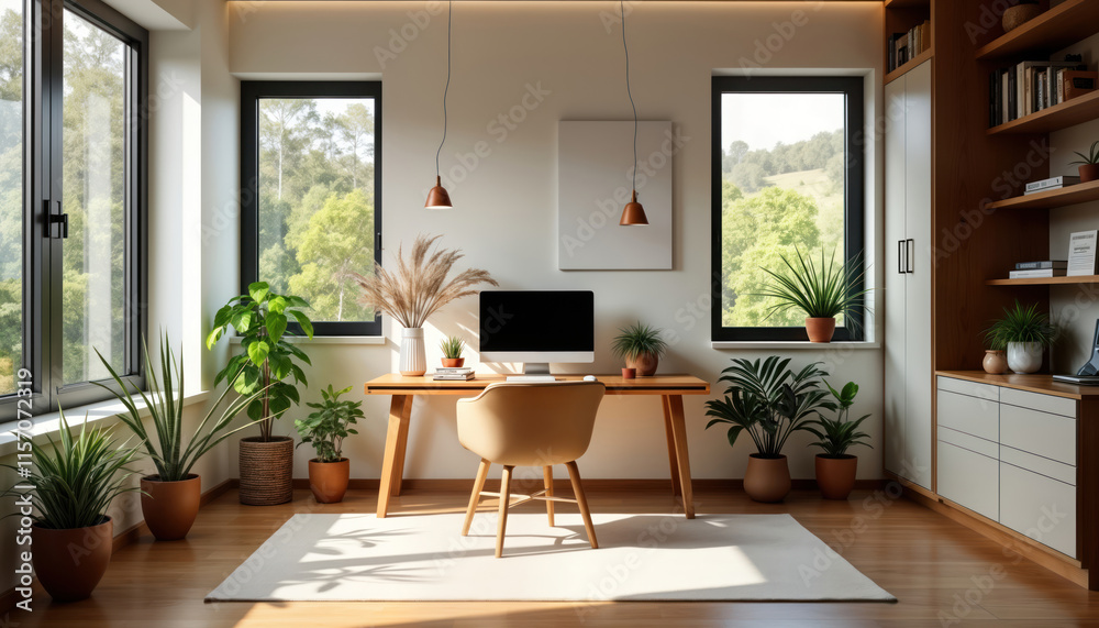 Fototapeta premium Modern home office area with natural light. Empty workspace features wooden desk comfortable chair, plants. Stylish contemporary design. Light filled room with large windows overlooking green plants.
