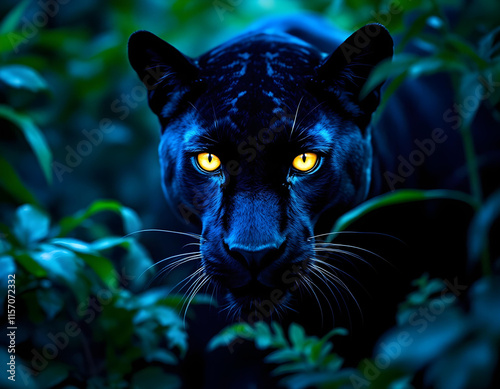 A black panther in a lush, green jungle environment. The panther has piercing yellow eyesge