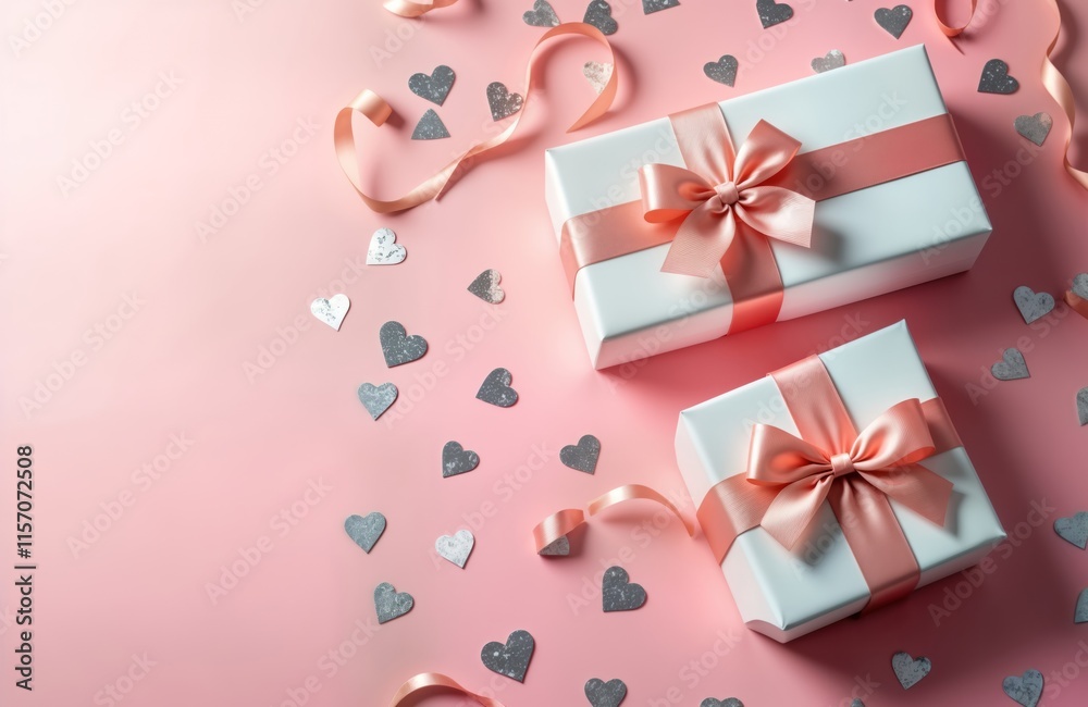 Pastel pink background displays two white gift boxes. Romantic pink ribbons, bows adorn box. Silver heart-shaped confetti adds touch of sparkle. Perfect for romantic event holiday. Ideal for creating Pastel pink background displays two white gift boxes. Romantic pink ribbons, bows adorn box. Silver heart-shaped confetti adds touch of sparkle. Perfect for romantic event holiday. Ideal for creating