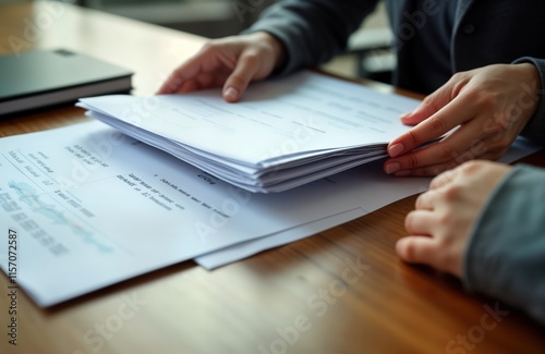 Businesswomen review pile of documents. Hands carefully handle paperwork. Likely examining contracts financial reports for analysis. Scene takes place in office. Focus on meticulous review of